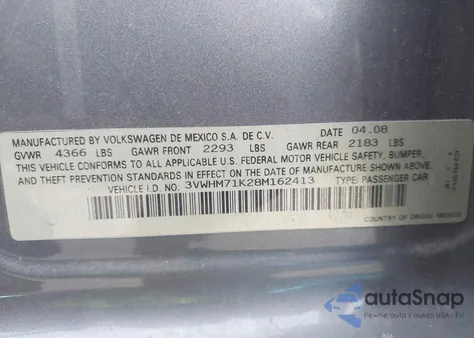 2008 Volkswagen Jetta S из США, поврежденный, VIN 3VWHM71K28M162413